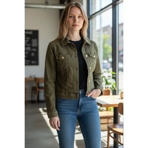 MICHAEL KORS Women Olive Green Denim Jean Jacket Size M Gold Buttons